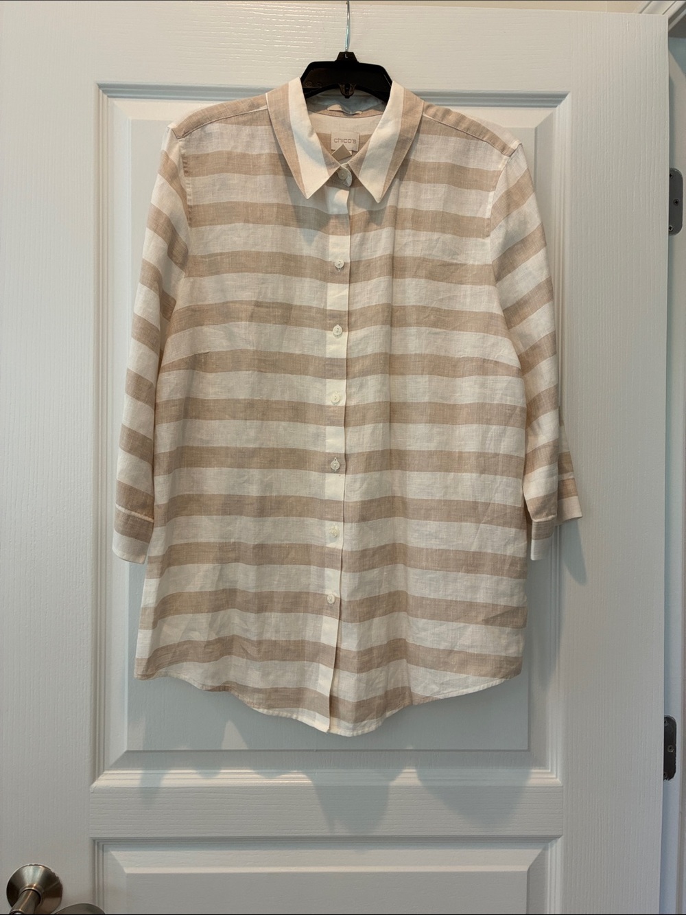 Chico's Neutral Striped Linen-Blend Button Front Shirt